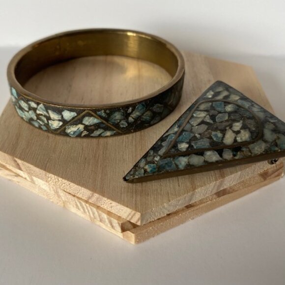 Vintage Indian Brass with Blue stones Triangle Brooch and Bangle - Picture 1 of 9